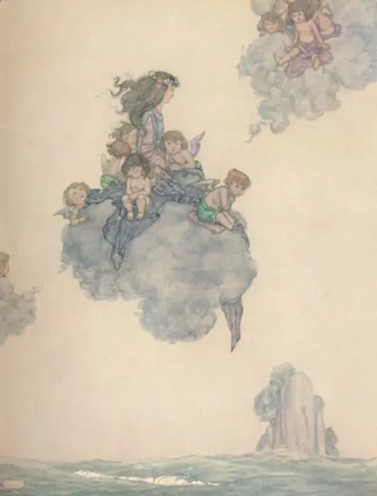 Framed Print : With The Rest of Her Children of Air, Soared High Above the Rosy Cloud, c1930. Artist: W Heath Robinson Framed Print : With The Rest of Her Children of Air, Soared High Above the Rosy Cloud, c1930. Artist: W Heath Robinson