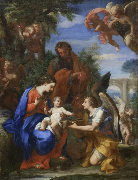 Framed Print : The Rest on The Flight into Egypt, 1720. Creators: Giuseppe Bartolomeo Chiari, Carlo Maratti, Lorenzo Masucci Framed Print : The Rest on The Flight into Egypt, 1720. Creators: Giuseppe Bartolomeo Chiari, Carlo Maratti, Lorenzo Masucci