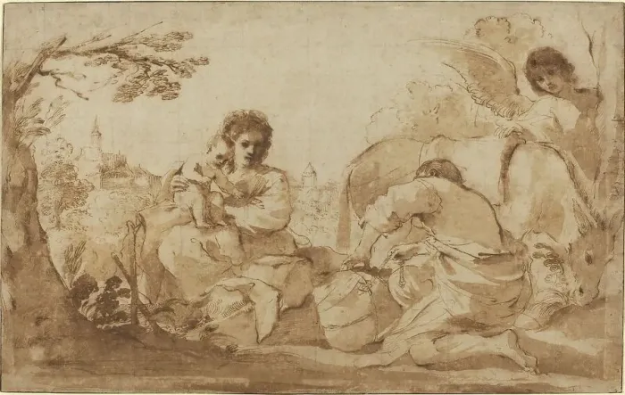 Framed Print : The Rest on the Flight into Egypt, c. 1626. Creator: Guercino Framed Print : The Rest on the Flight into Egypt, c. 1626. Creator: Guercino