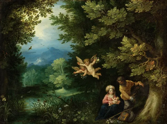 Framed Print : Rest on the Flight into Egypt. Creators: Jan Brueghel the Elder, Johannes Rottenhammer the elder Framed Print : Rest on the Flight into Egypt. Creators: Jan Brueghel the Elder, Johannes Rottenhammer the elder