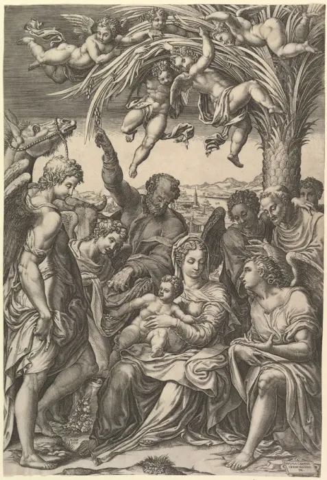 Framed Print : Rest on the Flight into Egypt; the Holy Family under a palm tree surrounded by angels Framed Print : Rest on the Flight into Egypt; the Holy Family under a palm tree surrounded by angels