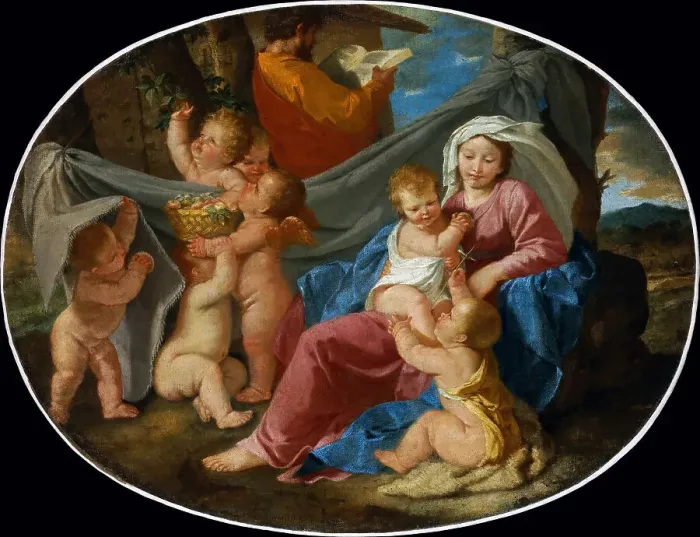Framed Print : Rest on the Flight into Egypt with the Infant Saint John the Baptist and Angels, ca 1627. Creator: Poussin, Nicolas (1594-1665) Framed Print : Rest on the Flight into Egypt with the Infant Saint John the Baptist and Angels, ca 1627. Creator: Poussin, Nicolas (1594-1665)