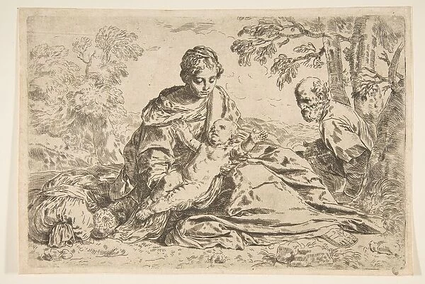 Rest on the flight into Egypt, Mary holding the infant Christ with St. Joseph... ca