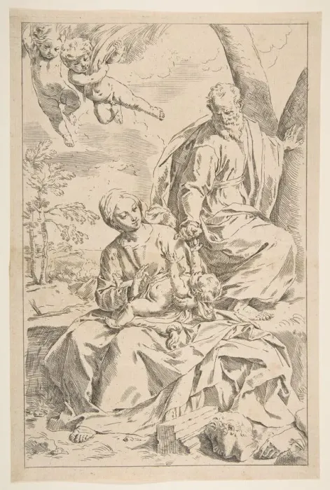 Framed Print : Rest on the flight into Egypt, Mary holding the infant Christ while St. Joseph hands h