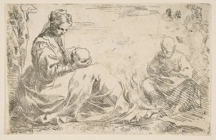 Framed Print : Rest on the flight into Egypt, Mary holding and looking at the infant Christ while St Framed Print : Rest on the flight into Egypt, Mary holding and looking at the infant Christ while St