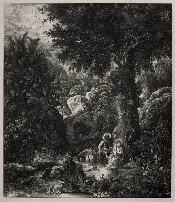 Framed Print : Rest on the Flight into Egypt with a Saddled Donkey, 1871. Creator: Rodolphe Bresdin (French Framed Print : Rest on the Flight into Egypt with a Saddled Donkey, 1871. Creator: Rodolphe Bresdin (French