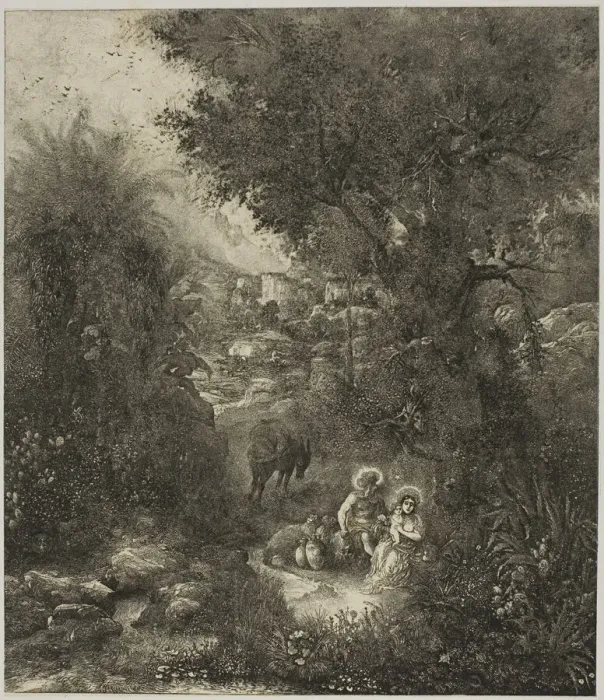 Framed Print : Rest on the Flight into Egypt with Saddled Donkey, 1871. Creator: Rodolphe Bresdin Framed Print : Rest on the Flight into Egypt with Saddled Donkey, 1871. Creator: Rodolphe Bresdin