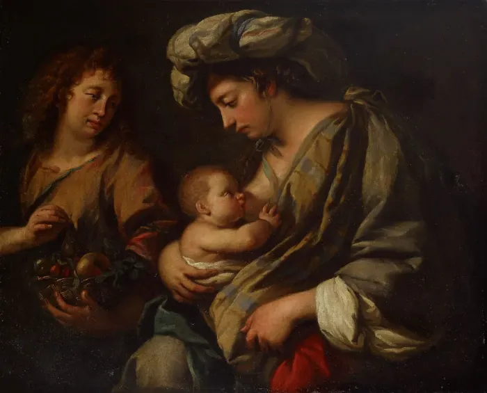 Framed Print : Rest on the Flight into Egypt, Virgin Mary nursing the infant Jesus, 1600-1666. Creator: Guercino Framed Print : Rest on the Flight into Egypt, Virgin Mary nursing the infant Jesus, 1600-1666. Creator: Guercino
