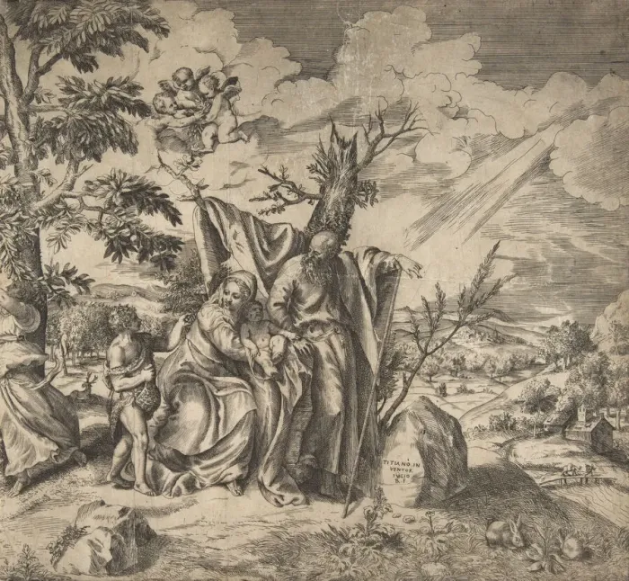 Framed Print : The rest of the Holy Family on their flight to Egypt, 1531-76. Creator: Giulio Bonasone Framed Print : The rest of the Holy Family on their flight to Egypt, 1531-76. Creator: Giulio Bonasone