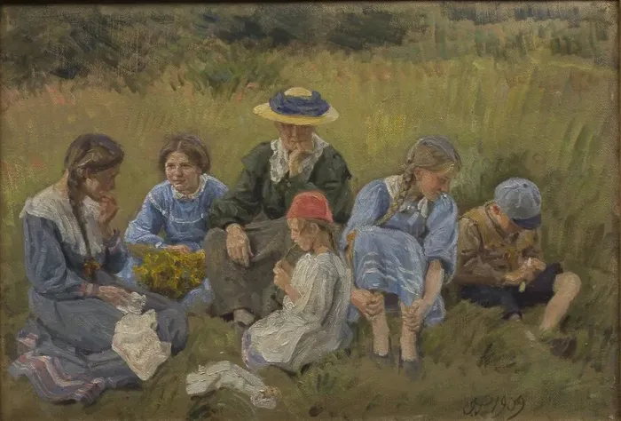 Framed Print : Rest in the meadow; The artist's wife and children, 1909. Creator: Joakim Skovgaard Framed Print : Rest in the meadow; The artist's wife and children, 1909. Creator: Joakim Skovgaard