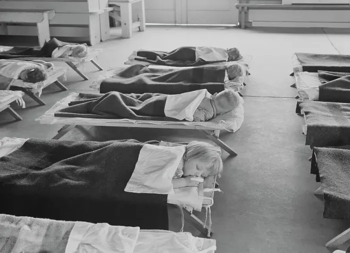 Framed Print : Rest time in nursery school for migrant children at Shafter Camp, California, 1939. Creator: Dorothea Lange Framed Print : Rest time in nursery school for migrant children at Shafter Camp, California, 1939. Creator: Dorothea Lange