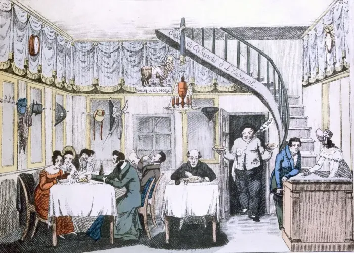 Framed Print : Restaurant du Boeuf a la Mode from Le Gout de Jour, pub. 1830 (coloured engraving) Framed Print : Restaurant du Boeuf a la Mode from Le Gout de Jour, pub. 1830 (coloured engraving)