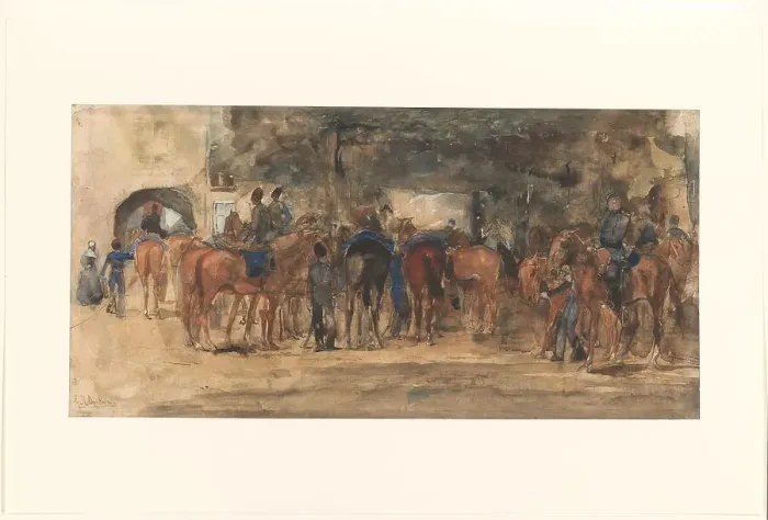 Framed Print : Resting cavalry on a square, 1880-1919. Creator: George Hendrik Breitner Framed Print : Resting cavalry on a square, 1880-1919. Creator: George Hendrik Breitner