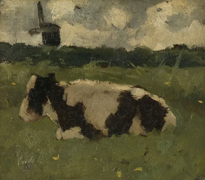 Framed Print : Resting Cow with a Mill, 1888. Creator: Richard Roland Holst Framed Print : Resting Cow with a Mill, 1888. Creator: Richard Roland Holst