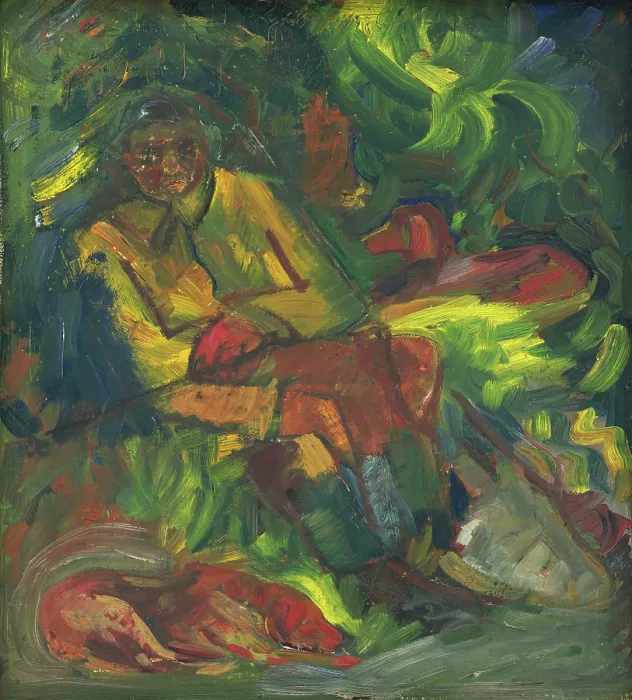Framed Print : Resting Hunter with Two Dogs, 1940-1944. Creator: Arnold Peter Weisz-Kubincan Framed Print : Resting Hunter with Two Dogs, 1940-1944. Creator: Arnold Peter Weisz-Kubincan