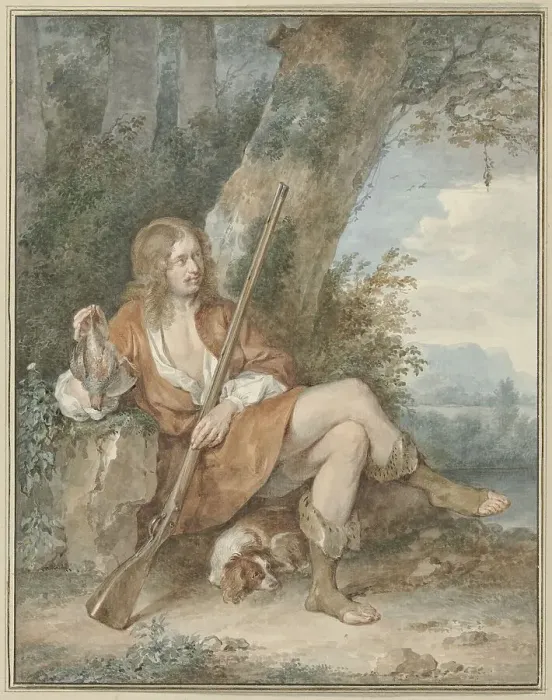 Framed Print : Resting hunter with musket and partridge, near a tree, 1775. Creator: Aert Schouman Framed Print : Resting hunter with musket and partridge, near a tree, 1775. Creator: Aert Schouman