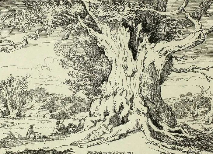 Framed Print : Resting, Men and Dogs Under a Big Tree, from the first issue of Specimens of... 1802, pub 1803. Creator: William Alfred Delamotte Framed Print : Resting, Men and Dogs Under a Big Tree, from the first issue of Specimens of... 1802, pub 1803. Creator: William Alfred Delamotte