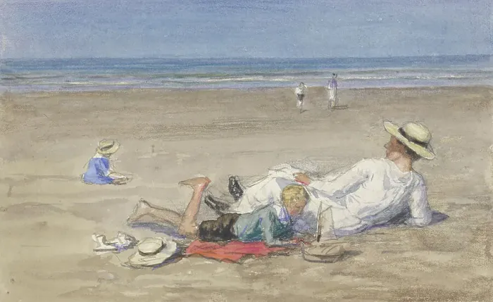 Framed Print : Resting nanny with two children on the beach, 1874-1927. Creator: Johan Antonie de Jonge Framed Print : Resting nanny with two children on the beach, 1874-1927. Creator: Johan Antonie de Jonge
