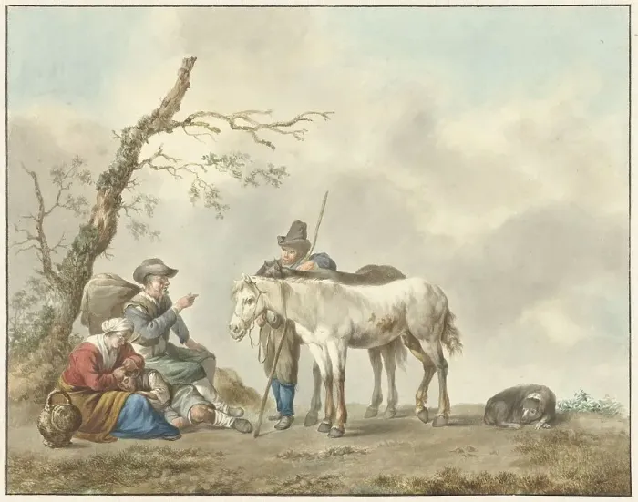Framed Print : Resting travelers with two horses, 1783-1850. Creator: Louis Moritz Framed Print : Resting travelers with two horses, 1783-1850. Creator: Louis Moritz
