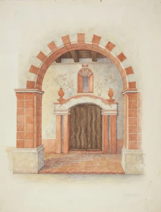 Framed Print : Restoration Drawing: Main Doorway & Arch to Mission House, c. 1939 Framed Print : Restoration Drawing: Main Doorway & Arch to Mission House, c. 1939