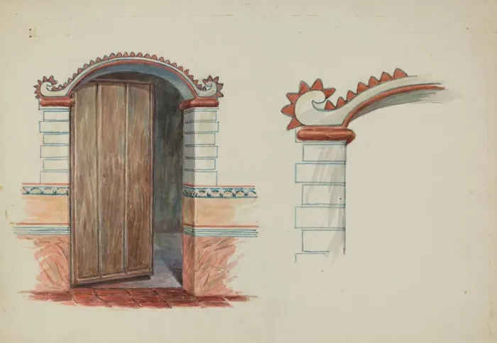 Framed Print : Restoration Drawing: Wall Decoration Over Doorway, Facade of Mission House, c. 1937 Framed Print : Restoration Drawing: Wall Decoration Over Doorway, Facade of Mission House, c. 1937