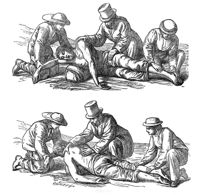 Framed Print : Restorative treatment of the apparently drowned: Dr...Hall's method of inducing respiration, 1864. Creator: Dalziel Brothers Framed Print : Restorative treatment of the apparently drowned: Dr...Hall's method of inducing respiration, 1864. Creator: Dalziel Brothers