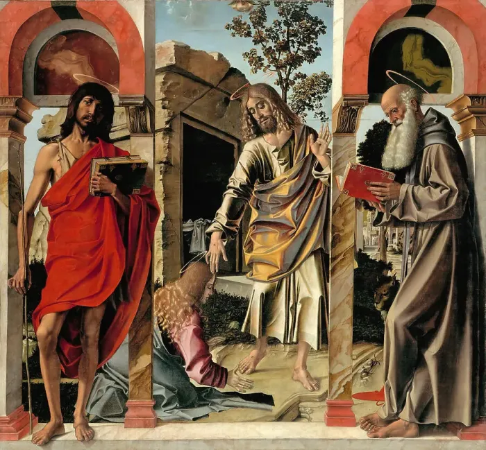 Framed Print : Resurrected Christ with Mary Magdalen and Saints John the Baptist and Jerome, c. 1492. Artist: Montagna, Bartolomeo (1449-1523) Framed Print : Resurrected Christ with Mary Magdalen and Saints John the Baptist and Jerome, c. 1492. Artist: Montagna, Bartolomeo (1449-1523)