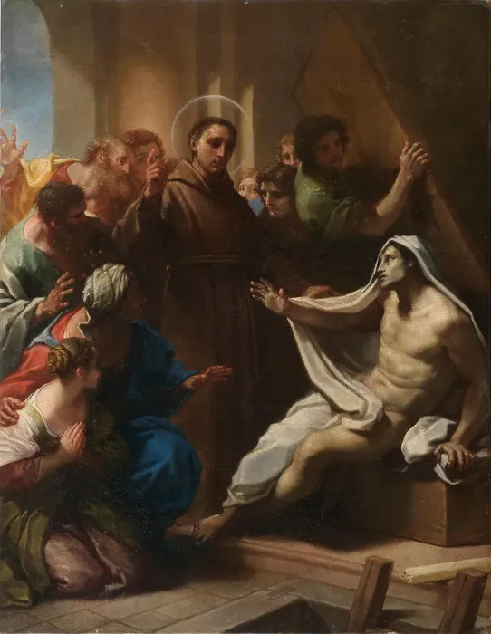 Framed Print : The resurrection of a bricklayer by Saint Anthony of Padua. Creator: Luti, Benedetto (1666-1724) Framed Print : The resurrection of a bricklayer by Saint Anthony of Padua. Creator: Luti, Benedetto (1666-1724)