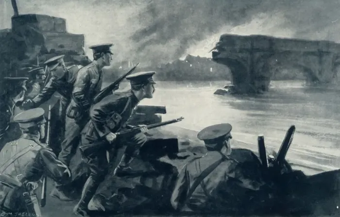 Framed Print : Retreat from Belgium: British Troops on the River Prepared To Resist the German Advance Framed Print : Retreat from Belgium: British Troops on the River Prepared To Resist the German Advance