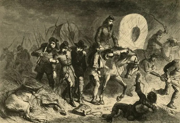 Framed Print : Retreat of the Confederates from Shiloh, (1878). Creator: Albert Bobbett Framed Print : Retreat of the Confederates from Shiloh, (1878). Creator: Albert Bobbett