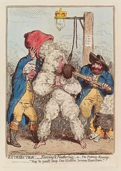 Retribution: Tarring and Feathering, or The Patriots Revenge, pub. 1795 (hand coloured engraving)