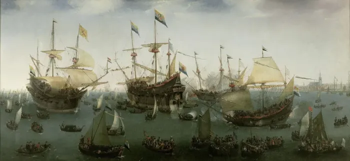 Framed Print : The Return to Amsterdam of the Second Expedition to the East Indies, 19 July 1599. Artist: Vroom, Hendrick Cornelisz. (1562 / 3-1640) Framed Print : The Return to Amsterdam of the Second Expedition to the East Indies, 19 July 1599. Artist: Vroom, Hendrick Cornelisz. (1562 / 3-1640)