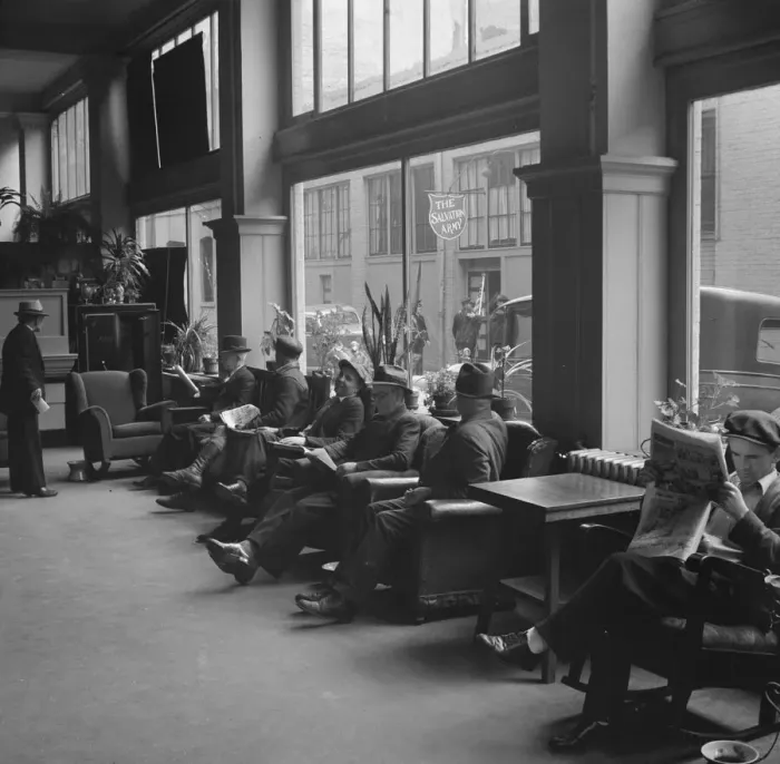 Framed Print : Return of the army seen through the lobby... Salvation Army, San Francisco, California, 1939. Creator: Dorothea Lange Framed Print : Return of the army seen through the lobby... Salvation Army, San Francisco, California, 1939. Creator: Dorothea Lange