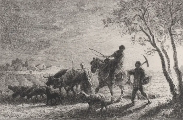 Framed Print : The Return from the Fields, 1865. Creator: Charles Emile Jacque Framed Print : The Return from the Fields, 1865. Creator: Charles Emile Jacque