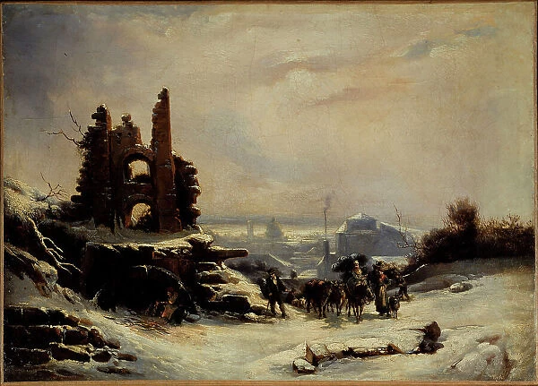 Return from market (snow in Paris), c1830. Creator: Louis Claude Mallebranche