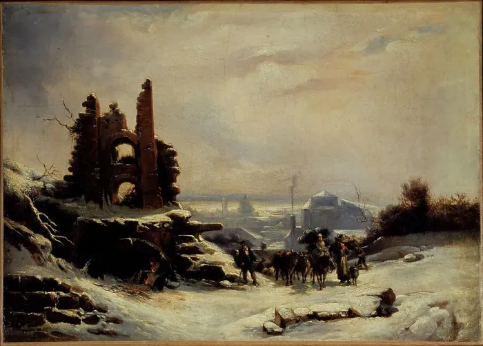 Framed Print : Return from market (snow in Paris), c1830. Creator: Louis Claude Mallebranche Framed Print : Return from market (snow in Paris), c1830. Creator: Louis Claude Mallebranche