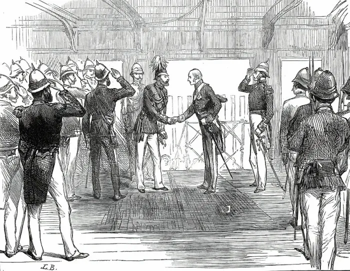 Framed Print : Return of the Prince of Wales from India: the Governor of Bombay...on board the Serapis...1876. Creator: Unknown Framed Print : Return of the Prince of Wales from India: the Governor of Bombay...on board the Serapis...1876. Creator: Unknown