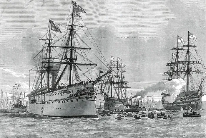 Framed Print : Return of the Prince of Wales: the Serapis coming alongside the Jetty at Portsmouth, 1876. Creator: Unknown Framed Print : Return of the Prince of Wales: the Serapis coming alongside the Jetty at Portsmouth, 1876. Creator: Unknown