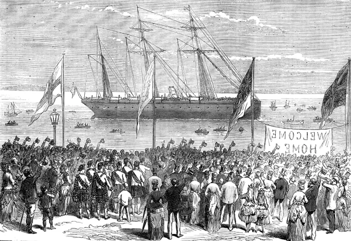 Framed Print : Return of the troops from the Ashantee War: arrival of the...42nd - the first note of welcome, 1874. Creator: Unknown Framed Print : Return of the troops from the Ashantee War: arrival of the...42nd - the first note of welcome, 1874. Creator: Unknown