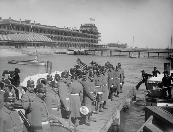 Framed Print : Returning from drill, Hampton Roads, between 1890 and 1901. Creator: William H. Jackson Framed Print : Returning from drill, Hampton Roads, between 1890 and 1901. Creator: William H. Jackson