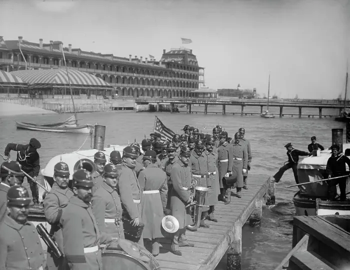 Framed Print : Returning from drill, Hampton Roads, between 1890 and 1901. Creator: Unknown