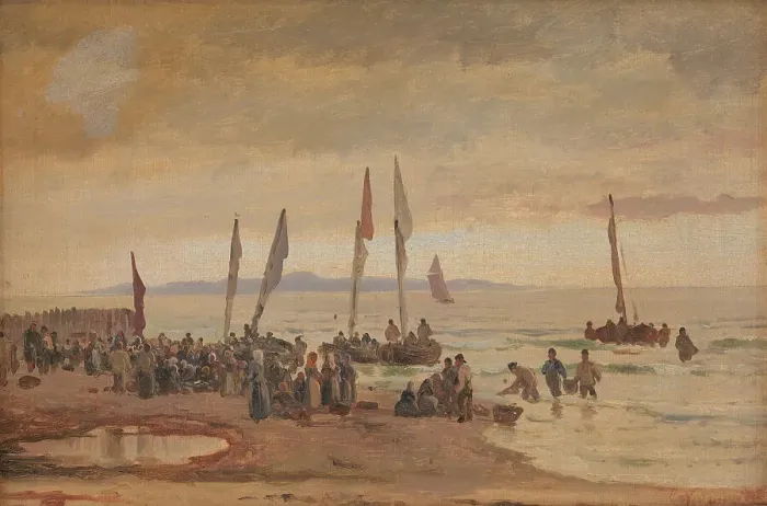 Framed Print : Returning fishermen are received at Hornbæk Strand, 1848-1891. Creator: Carl Neumann Framed Print : Returning fishermen are received at Hornbæk Strand, 1848-1891. Creator: Carl Neumann