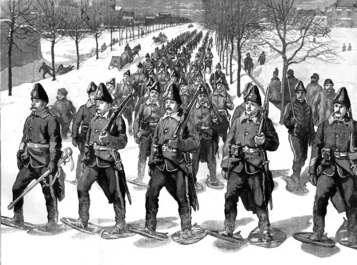 Framed Print : Returning from Snow-Shoe Drill; The Regiment of Canadian Artillery passing through the... Quebec. Creator: Unknown Framed Print : Returning from Snow-Shoe Drill; The Regiment of Canadian Artillery passing through the... Quebec. Creator: Unknown
