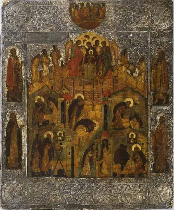 Framed Print : The Revelation of Virgin Mary to Saint Alexander Svirsky, 1600s. Creator: Russian icon Framed Print : The Revelation of Virgin Mary to Saint Alexander Svirsky, 1600s. Creator: Russian icon