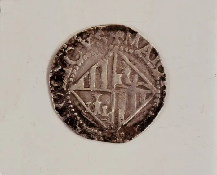 Framed Print : Reverse of a one-real coin in silver, during the reign of Philip III, found in Majorca Framed Print : Reverse of a one-real coin in silver, during the reign of Philip III, found in Majorca