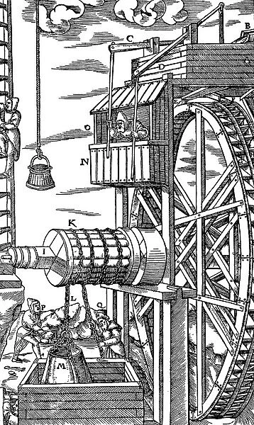 Reversible hoist for raising leather buckets from a mine shaft, 1556