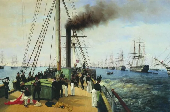 Framed Print : The review of the Baltic Fleet by the Emperor Nicholas I on the steamer Nevka, 1850-1860s Framed Print : The review of the Baltic Fleet by the Emperor Nicholas I on the steamer Nevka, 1850-1860s