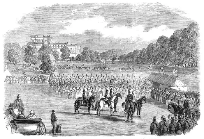 Framed Print : Review of Derbyshire Rifle Volunteers at Chatsworth Park - from a drawing by T. Walton, 1860. Creator: Unknown Framed Print : Review of Derbyshire Rifle Volunteers at Chatsworth Park - from a drawing by T. Walton, 1860. Creator: Unknown