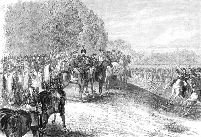 Framed Print : Review before the Emperor and the Prince of Wales in the Bois de Boulogne, Paris, 1869. Creator: Unknown Framed Print : Review before the Emperor and the Prince of Wales in the Bois de Boulogne, Paris, 1869. Creator: Unknown