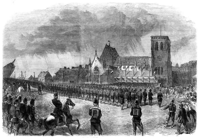 Framed Print : Review of French troops on the Place Napoleon at Cherbourg, 1865. Creator: Unknown Framed Print : Review of French troops on the Place Napoleon at Cherbourg, 1865. Creator: Unknown
